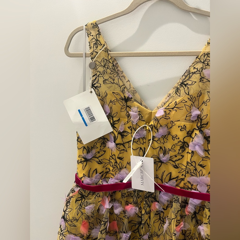 Marchesa Yellow Floral V-Neck Tiered Maxi with Pink Belt - Picture 11 of 11